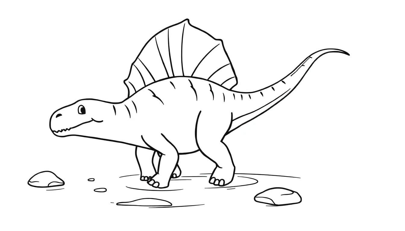 Un dinosaurio sonriente con una gran vela en la espalda, listo para ser coloreado en una placa de color.