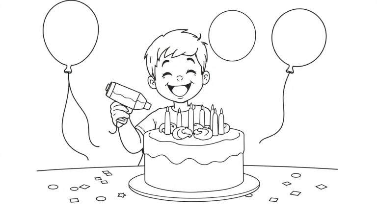Placa de color de un niño sonriendo con un pastel de cumpleaños y globos.