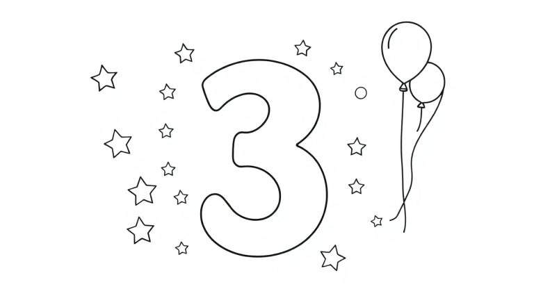 Placa de color: Un número 3 sonriente rodeado de estrellas y globos.