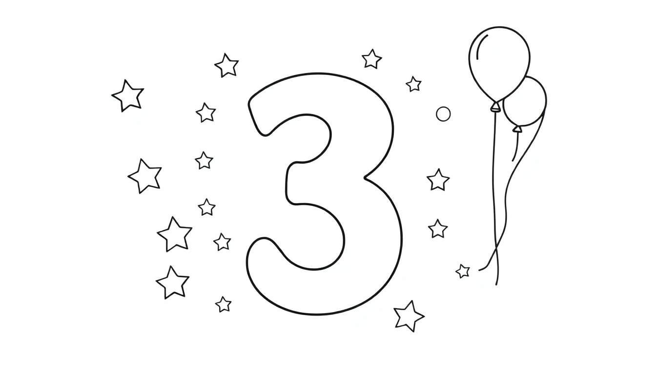 Placa de color: Un número 3 sonriente rodeado de estrellas y globos.