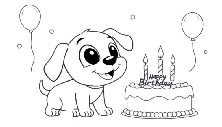 Placa de color de un perrito soplando velas en un pastel de cumpleaños.