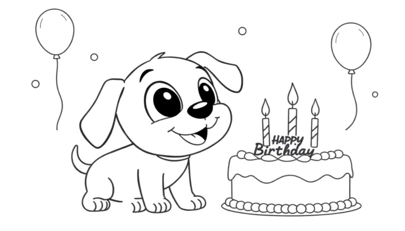 Placa de color de un perrito soplando velas en un pastel de cumpleaños.