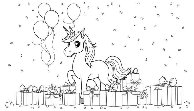 Placa de color de un unicornio mágico de dibujos animados con globos y regalos, listo para colorear.