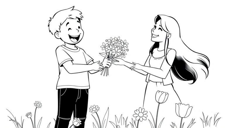 Placa de color: niño sonriente regalando flores a su mamá.