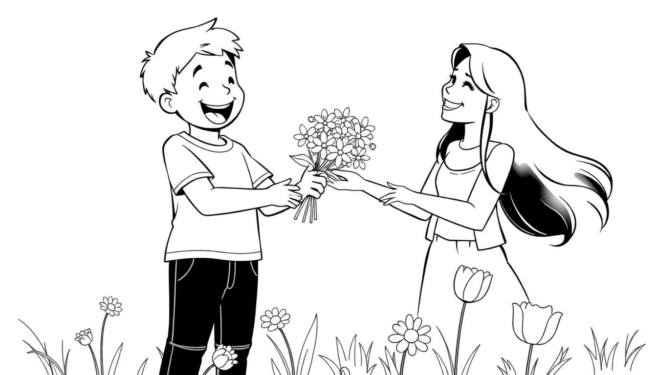 Placa de color: niño sonriente regalando flores a su mamá.