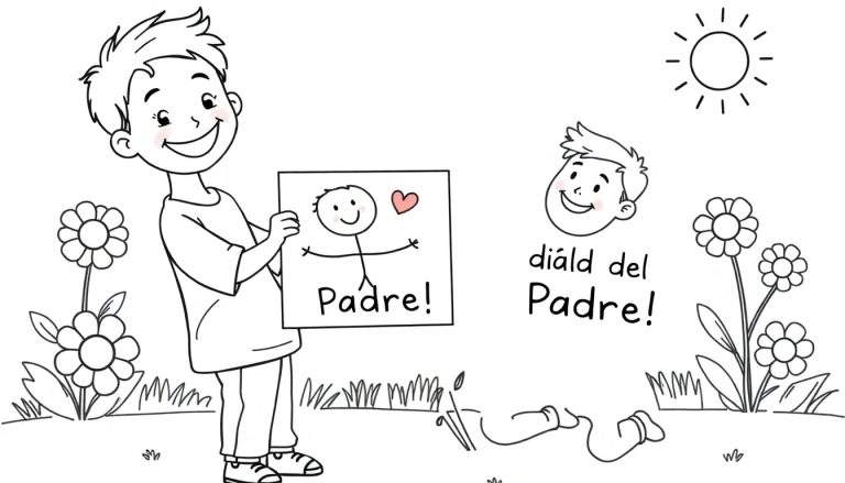 Placa de color del Día del Padre con un niño que regala un dibujo a su papá.
