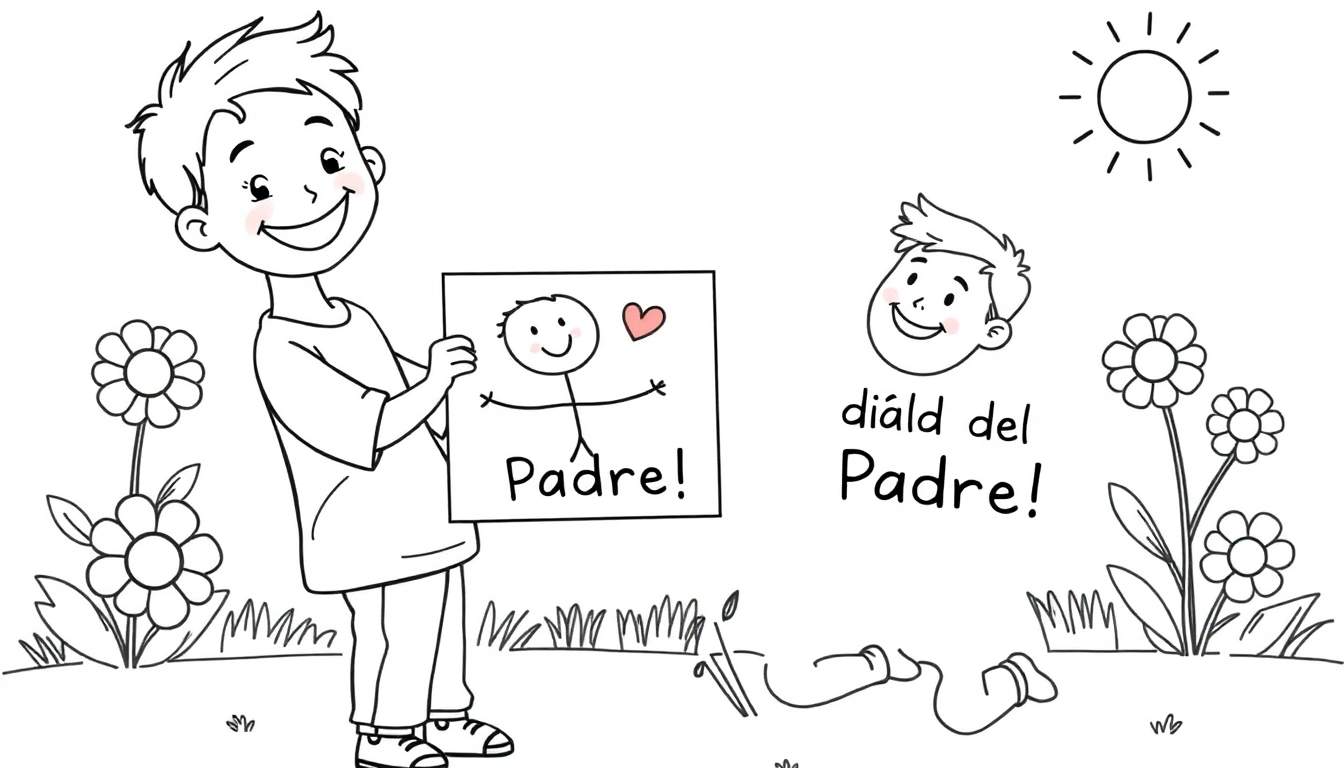 Placa de color del Día del Padre con un niño que regala un dibujo a su papá.
