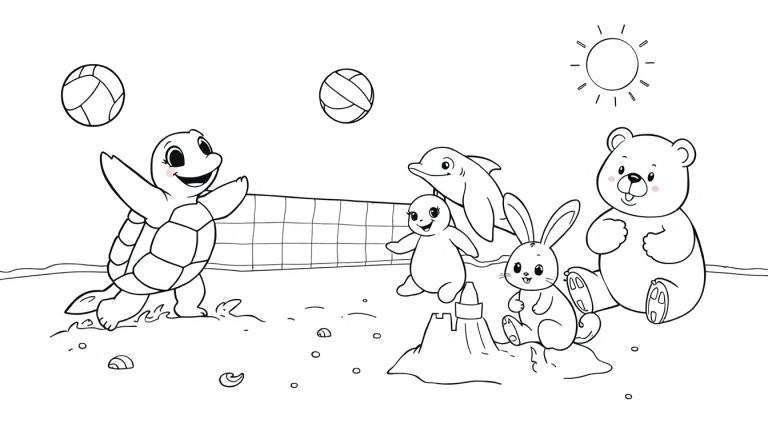 Placa de color para niños: animales en la playa jugando voleibol.