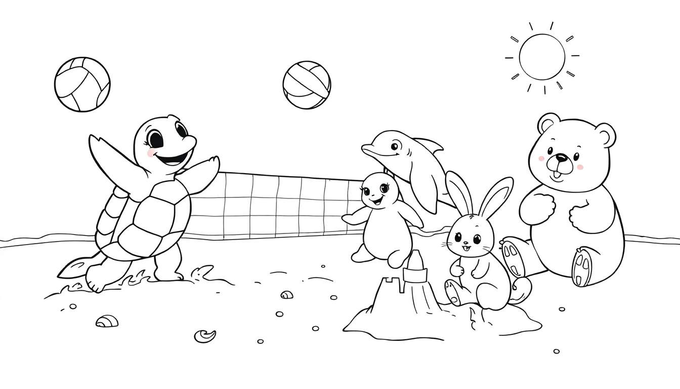 Placa de color para niños: animales en la playa jugando voleibol.