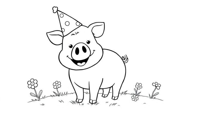 Placa de color de un cerdito sonriente con sombrero de fiesta en un campo de flores.