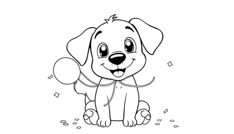 Placa de color de un perrito feliz con un globo.