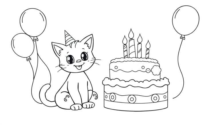 Placa de color de un gato feliz con gorro de fiesta, pastel de dos pisos con velas y globos.