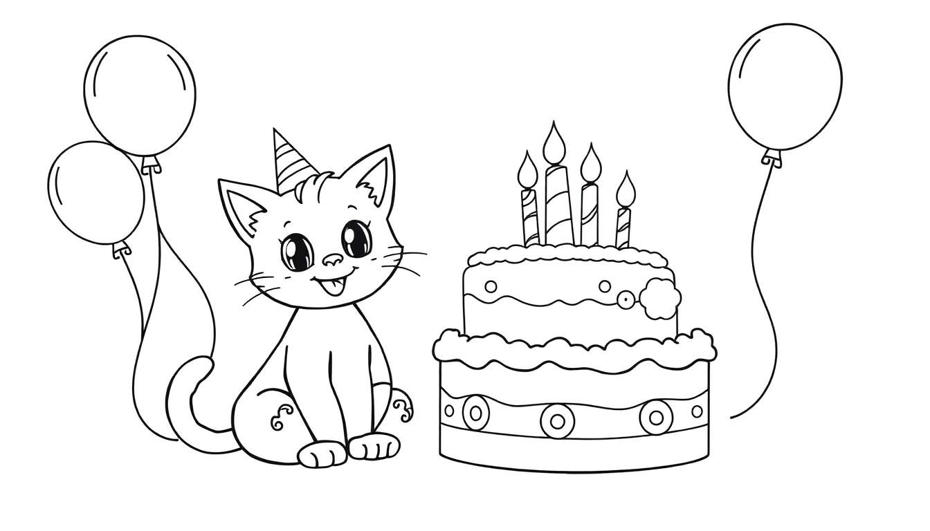Placa de color de un gato feliz con gorro de fiesta, pastel de dos pisos con velas y globos.