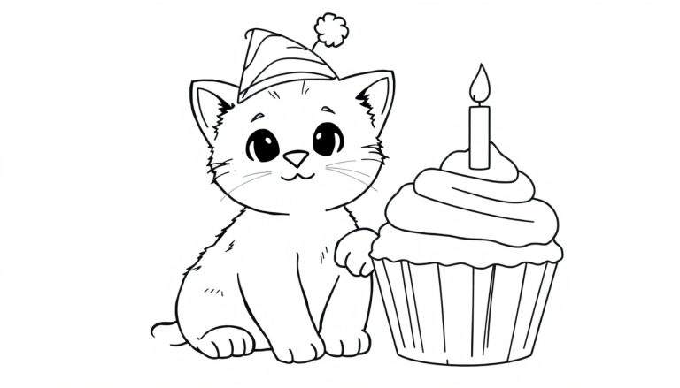 Gato de cumpleaños para colorear en placa de color.