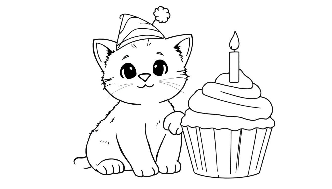 Gato de cumpleaños para colorear en placa de color.