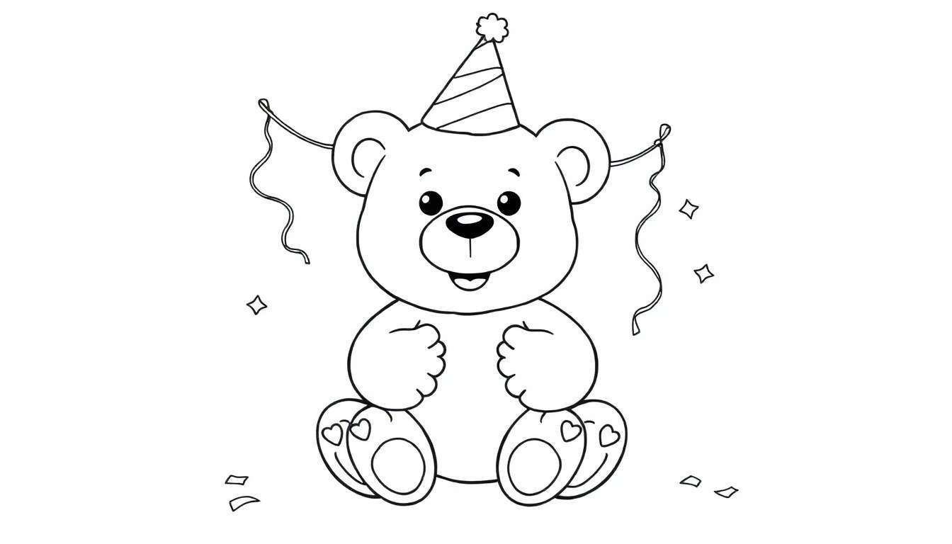 Oso de peluche de placa de color celebrando con serpentinas y confeti.