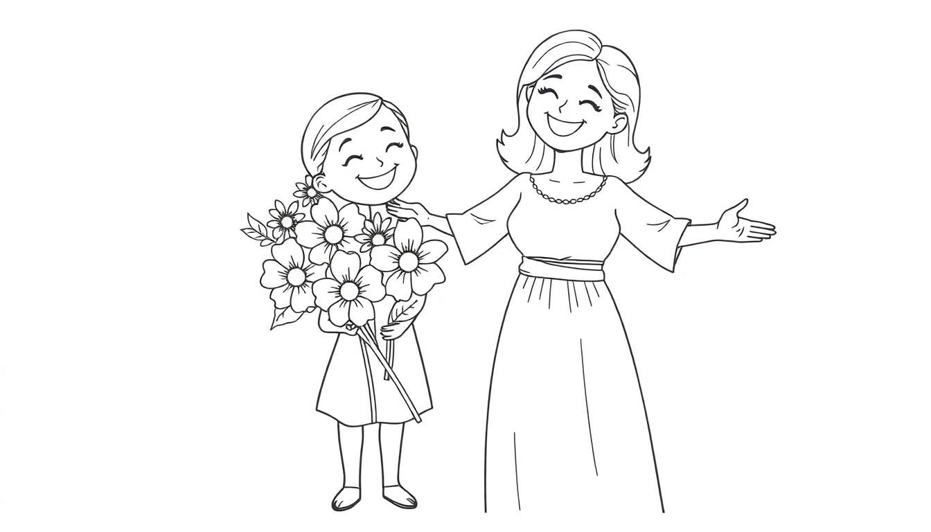Placa de color: Niña sonriente regala flores a su mamá sonriente en un dibujo en blanco y negro.