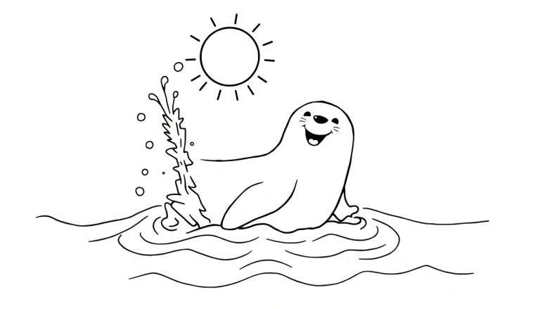 Placa de color de una foca feliz salpicando agua bajo el sol.