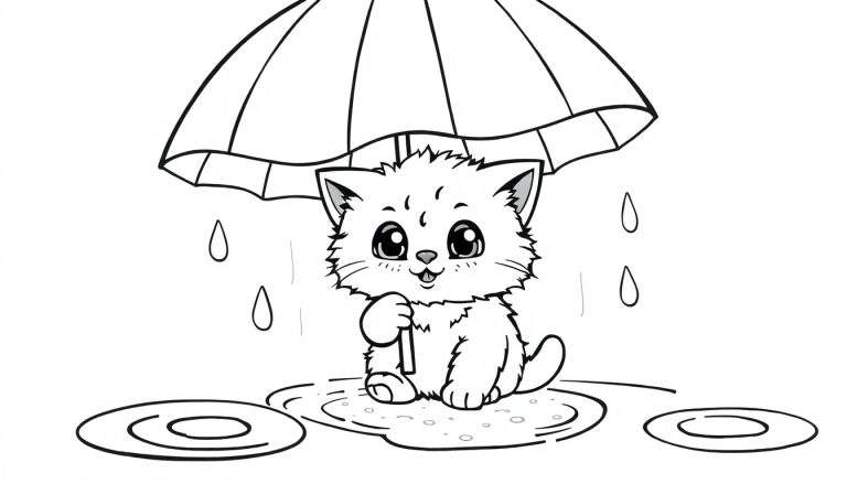 Placa de color de un gato feliz con paraguas bajo la lluvia.
