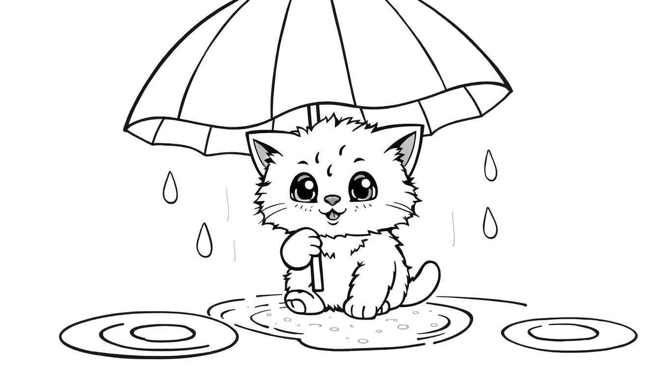 Placa de color de un gato feliz con paraguas bajo la lluvia.