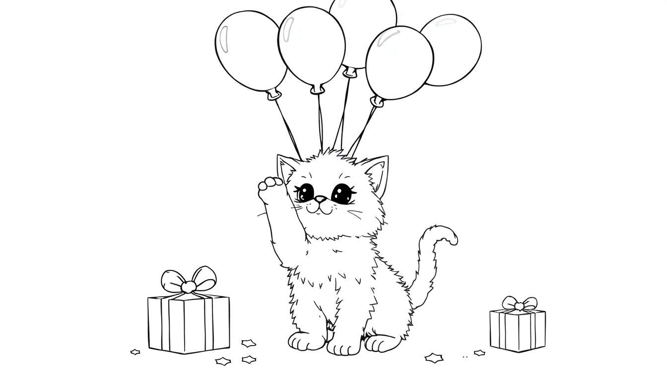 Placa de color de un gatito con globos y regalos.