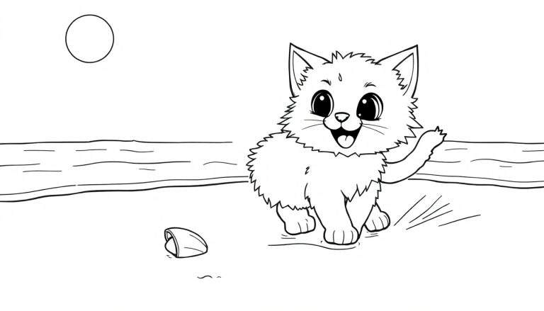 Placa de color con un gatito feliz agitando la pata en la playa.