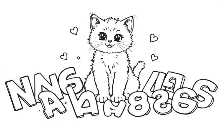 Un gatito de estilo grafiti con ojos grandes sobre letras y números para colorear, rodeado de corazones y estrellas en una placa de color.