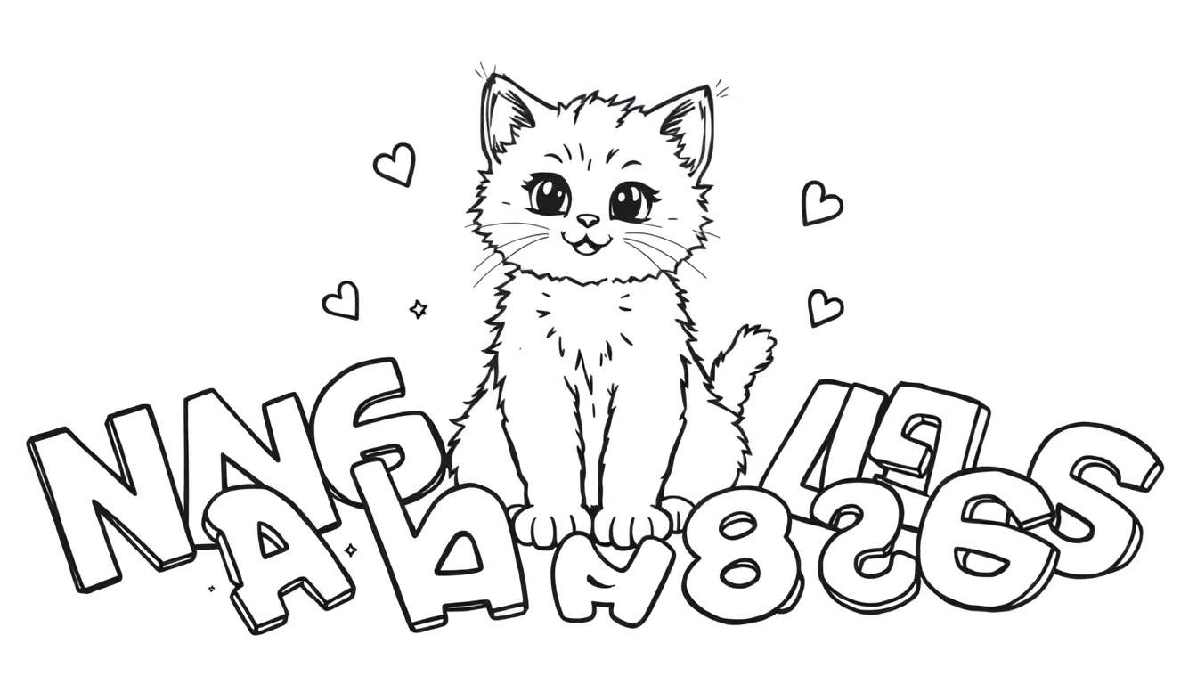 Un gatito de estilo grafiti con ojos grandes sobre letras y números para colorear, rodeado de corazones y estrellas en una placa de color.