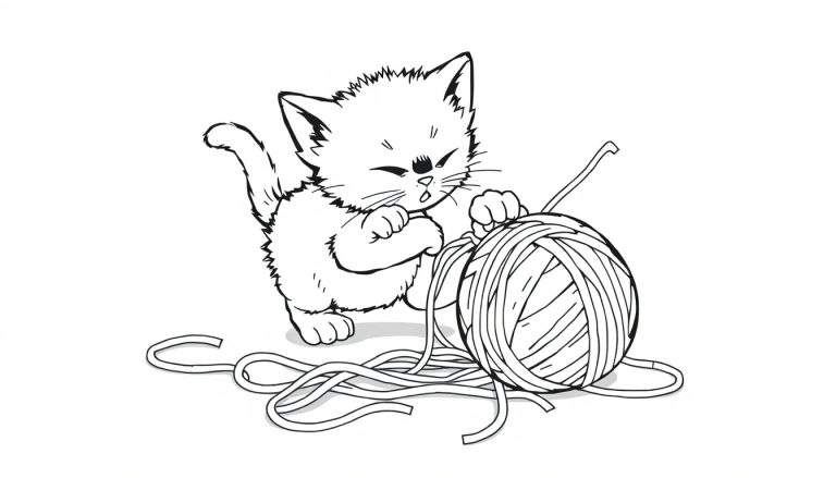 Un gatito juguetón jugando con un ovillo de lana, listo para colorear en una placa de color.