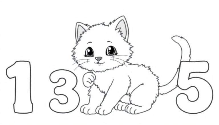 Placa de color de un gatito lindo jugando con los números 1, 3 y 5.