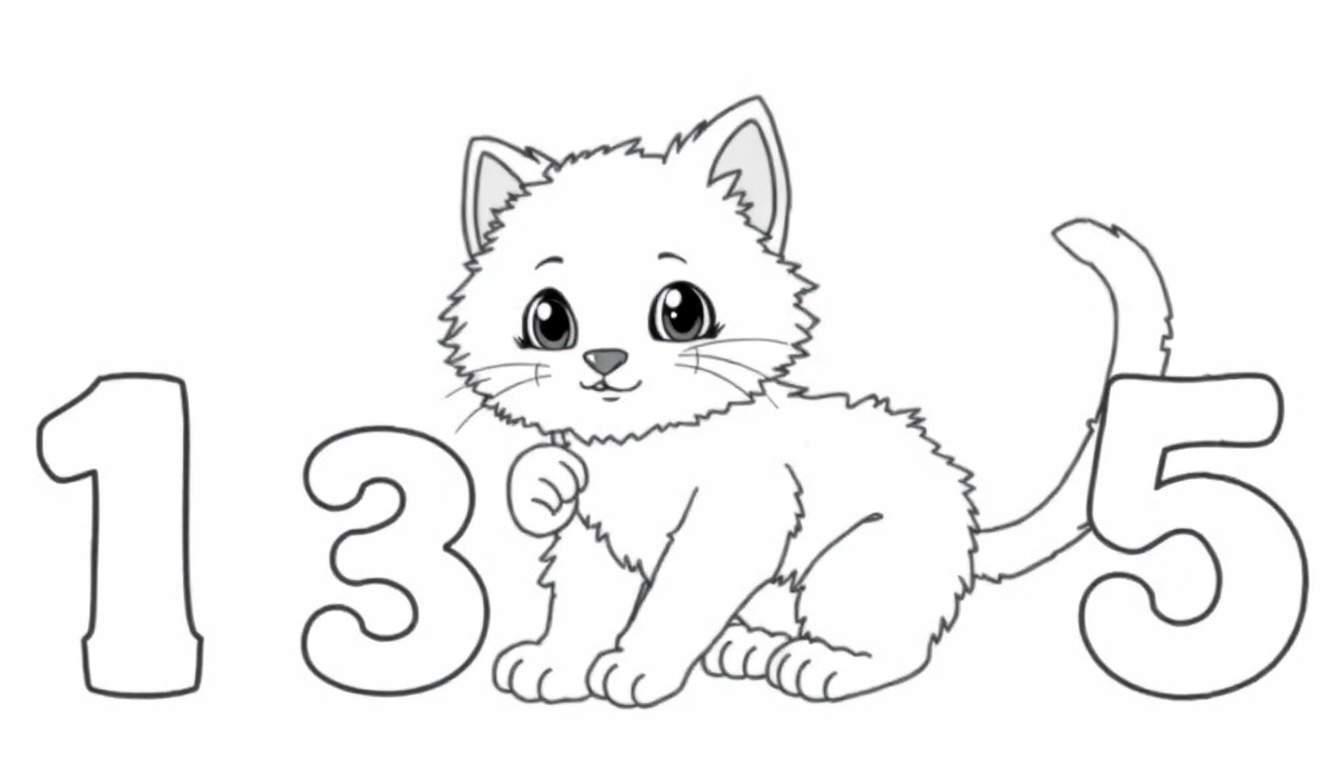 Placa de color de un gatito lindo jugando con los números 1, 3 y 5.