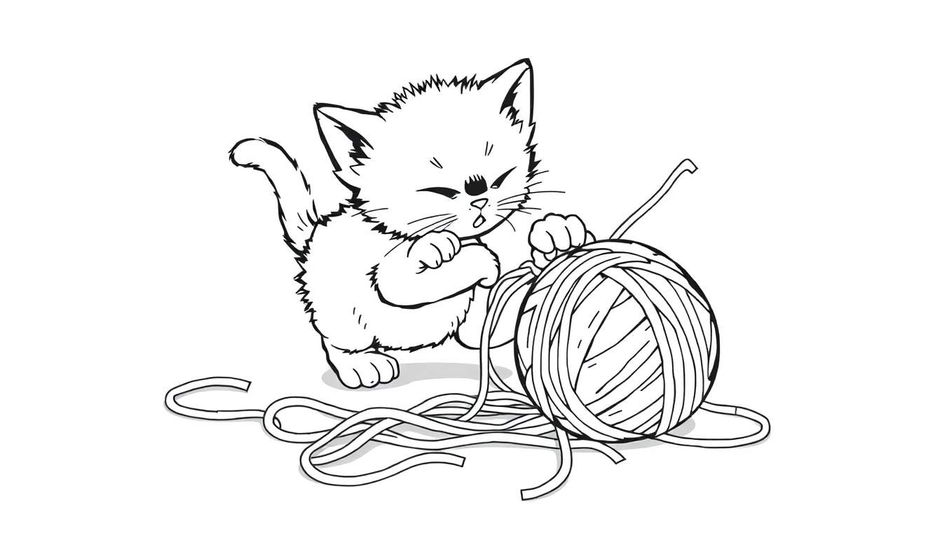 Un gatito juguetón jugando con un ovillo de lana, listo para colorear en una placa de color.