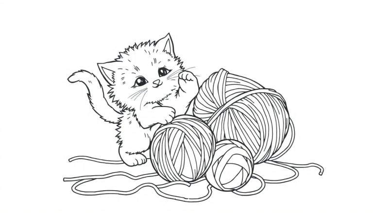 Placa de color de un gatito juguetón con ovillos de lana.