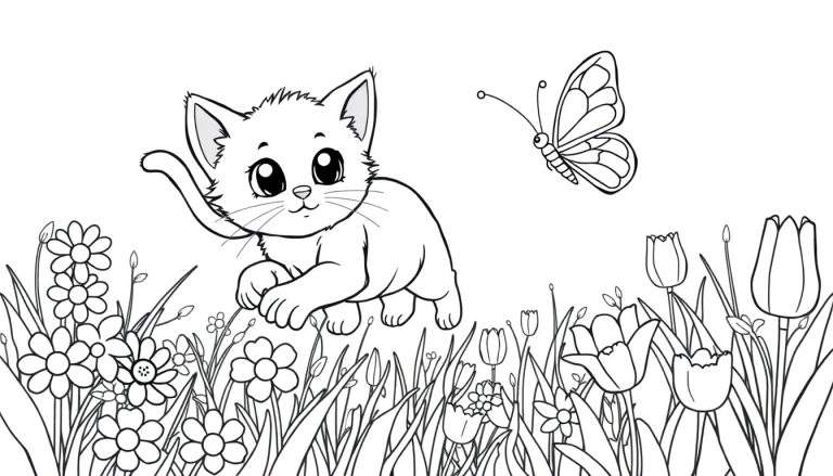 Placa de color: gatito persiguiendo una mariposa entre flores.