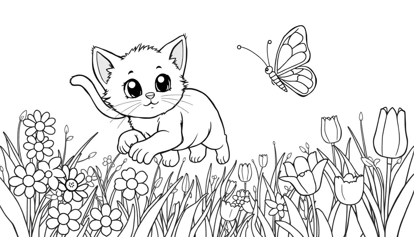 Placa de color: gatito persiguiendo una mariposa entre flores.