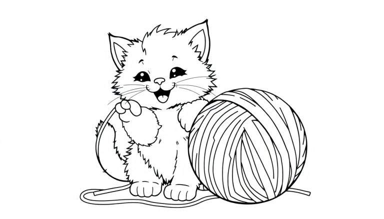 Placa de color blanco y negro de un gatito juguetón con un ovillo de lana gigante.