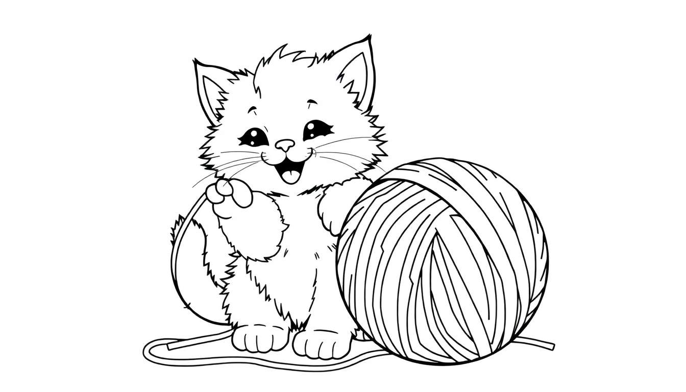 Placa de color blanco y negro de un gatito juguetón con un ovillo de lana gigante.