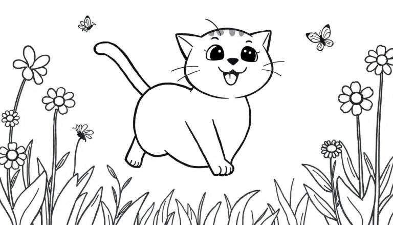 Placa de color de un gato feliz saltando entre flores y mariposas.