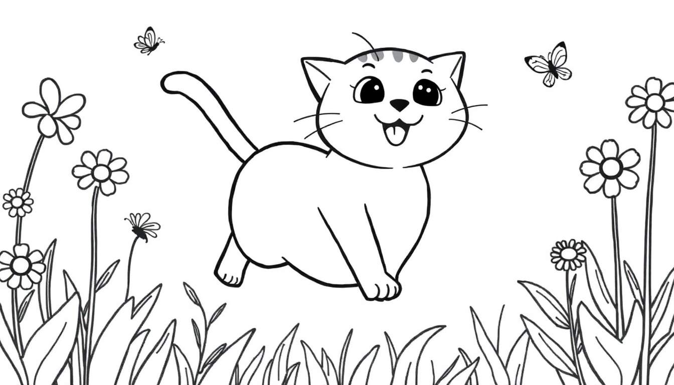 Placa de color de un gato feliz saltando entre flores y mariposas.