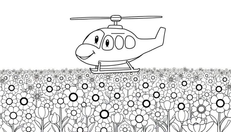 Helicóptero sonriente volando sobre un campo de flores para colorear.