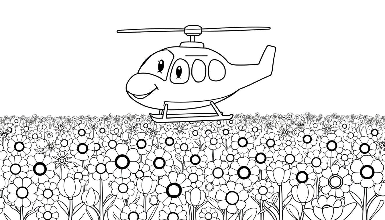Helicóptero sonriente volando sobre un campo de flores para colorear.