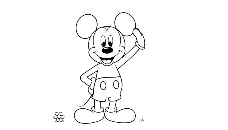 Placa de color de Mickey Mouse saludando con una flor.