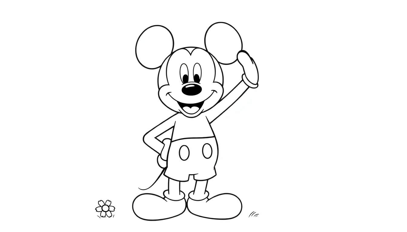 Placa de color de Mickey Mouse saludando con una flor.