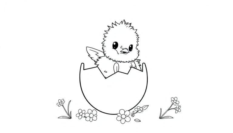 Placa de color: Un pollito saliendo de un huevo