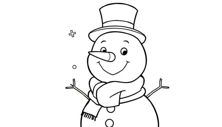 Dibujo lineal de un muñeco de nieve feliz con sombrero de copa y bufanda, listo para la placa de color.