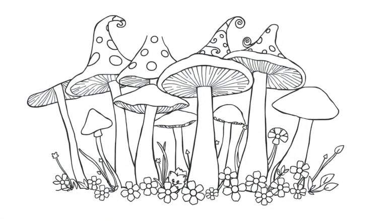 Placa de color con hongos y flores de cuento.