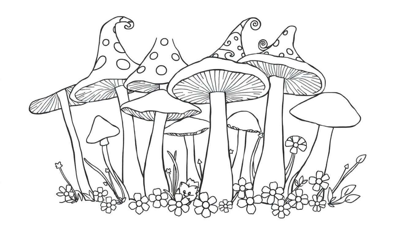 Placa de color con hongos y flores de cuento.