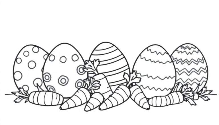 Una placa de color con huevos de Pascua y zanahorias para colorear.