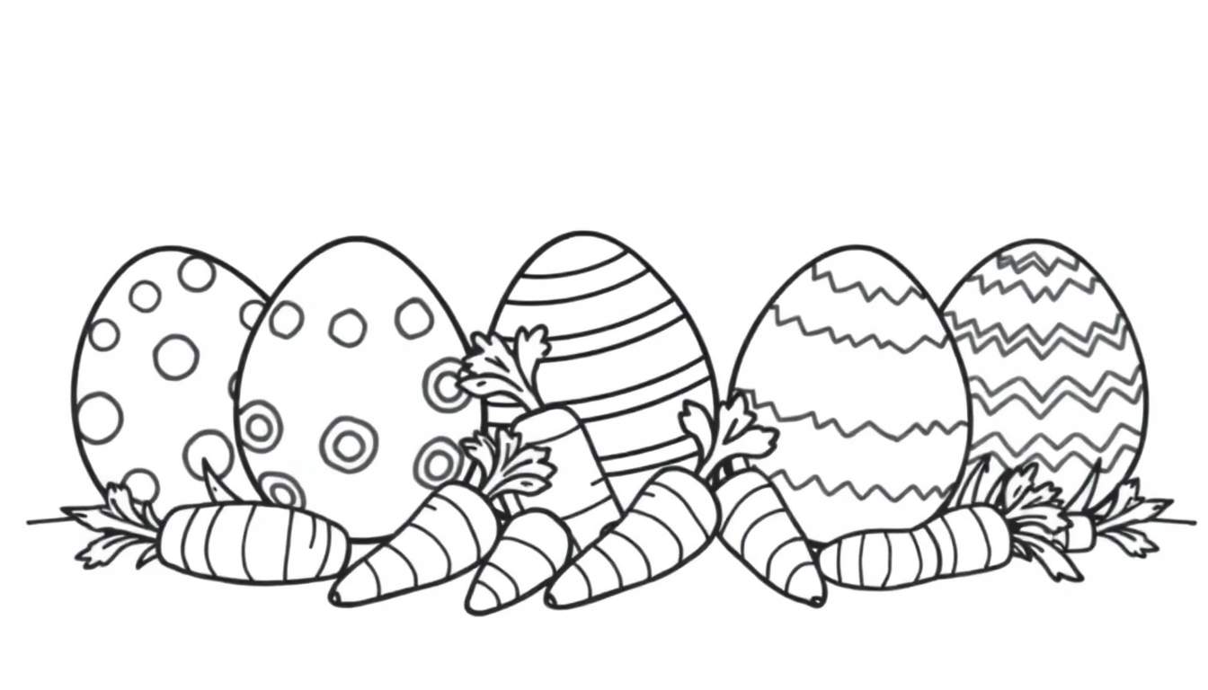 Una placa de color con huevos de Pascua y zanahorias para colorear.