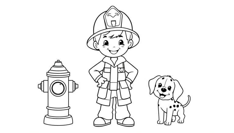 Placa de color: bombero sonriente con boca de incendios y cachorro dálmata.